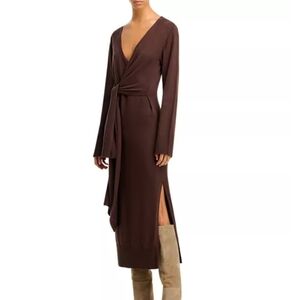Simkhai Skyla Wool Blend Knit Wrap Midi Dress Brown Long Sleeve Tie Waist  Small